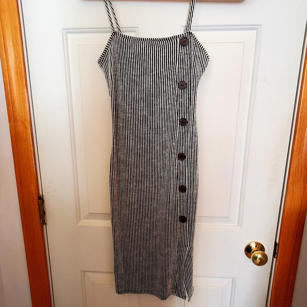 Caution to the wind dress. Small. Fitted. Black and white striped button-down.